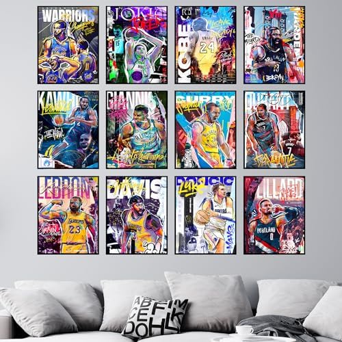 BigWig Prints Basketball Posters - Nba Posters, Basketball Room Decor, Nba Room Decor, Steph Curry, Kobe Bryant Wall Art, Kevin Durant, Lebron Wall Art, Warriors, Lakers - Unframed Set of 12 (8x10)