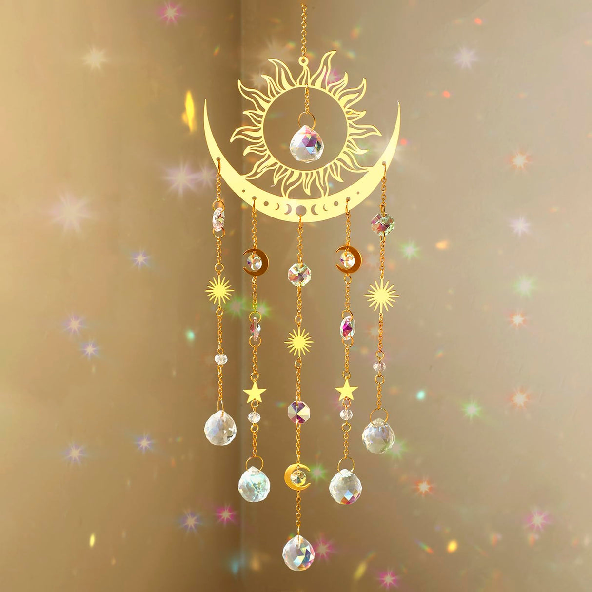 Artilady Sun and Moon Suncatcher - Large Crystal Wind Chimes for Outside Stained Glass Window Hanging Prisms Garden Backyard Ceiling Room Decor Christmas Housewarming Birthday Gift for Girls