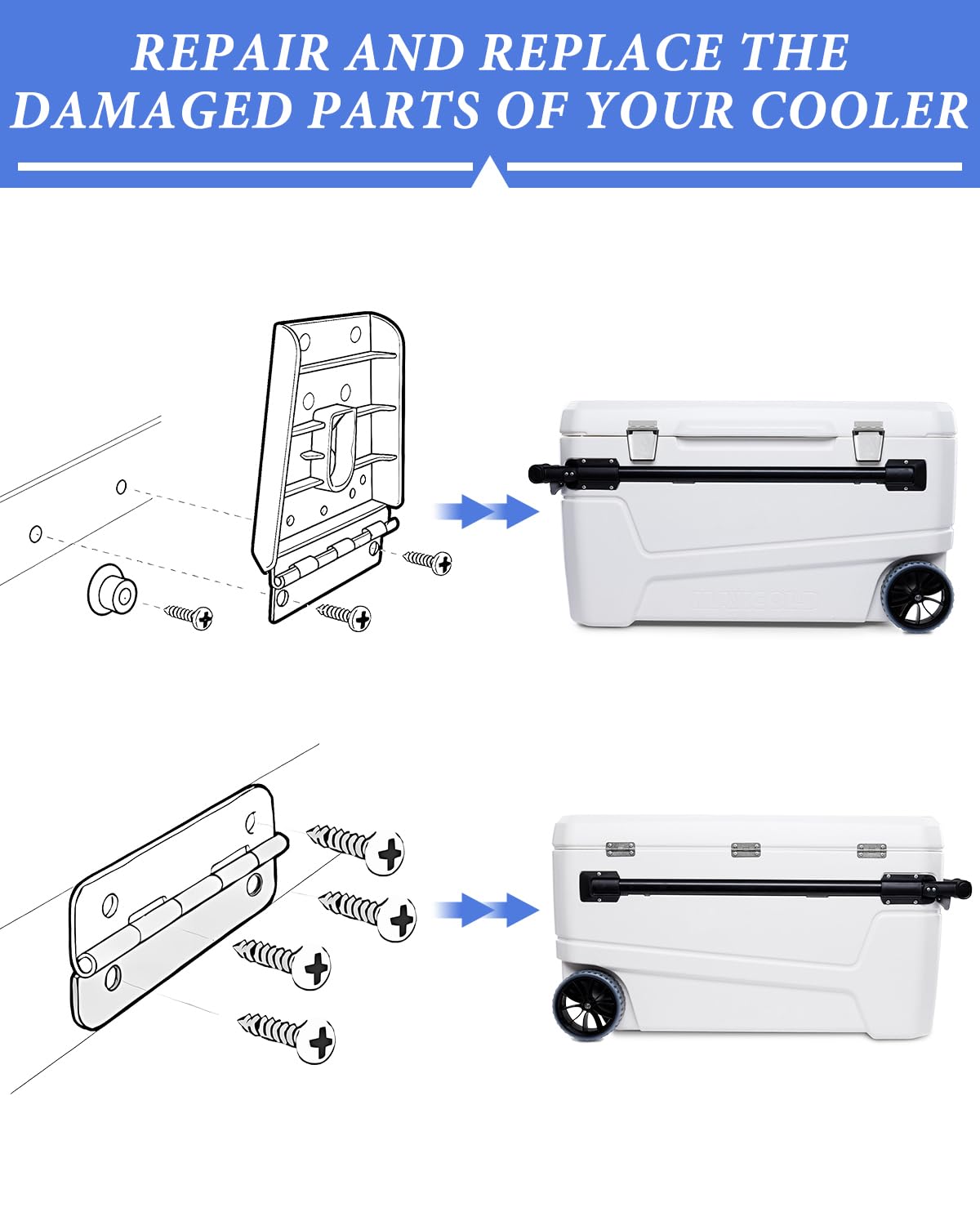 ATESMO Cooler Hinges & Latch Replacement for Igloo Cooler Replacement Parts Set, Stainless Steel Latch and Hinge Parts Kit with High-Strength Screws