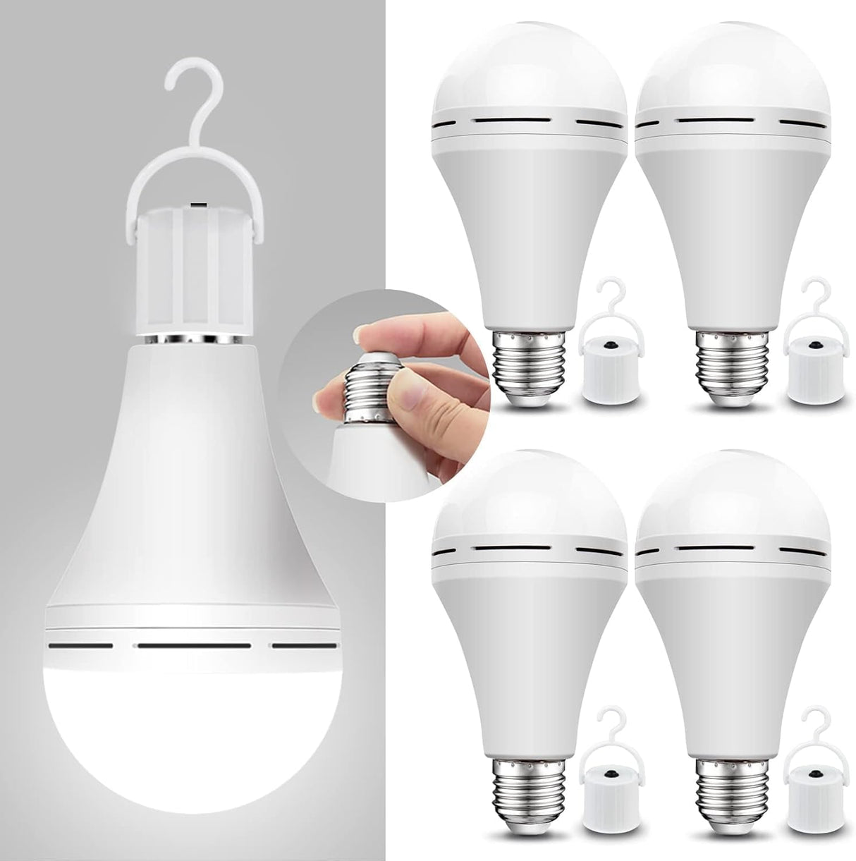 Neporal 4 Pack Emergency-Rechargeable-Light-Bulb, Stay Lights Up When Power Failure, 1500mAh 15W 80W Equivalent LED Light Bulbs for Home, Camping, Tent (E27, with Hook) (Daylight)