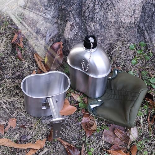 Goetland Stainless Steel WWII US Army Canteen Water Bottle Military Canteen Kit 1QT with 0.5QT Cup Nylon Pouch G.I.
