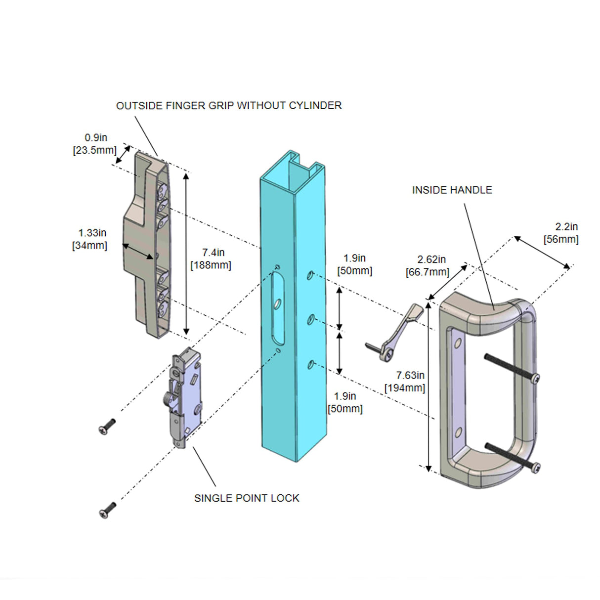 House Guard Sliding Patio Door Handle Set, Mortise Lock, 3-15/16", White