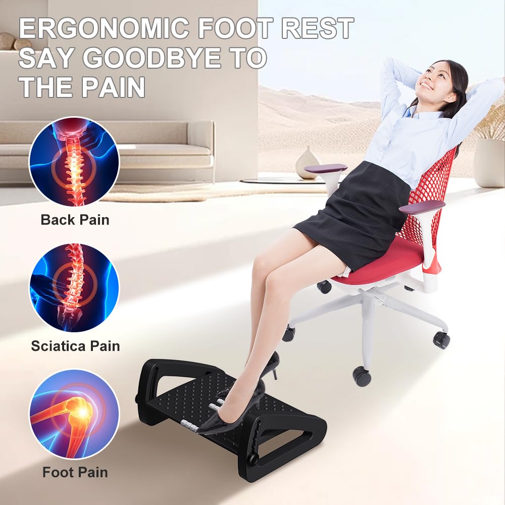 ZLMHYYM Foot Rest for Under Desk at Work - Six Heights Adjustable Under Desk Footrest - Ergonomic Foot Stools for Under Office Desks - Desks Foot Rest with Massage Rollers - Leg Rest for Chair (Black)