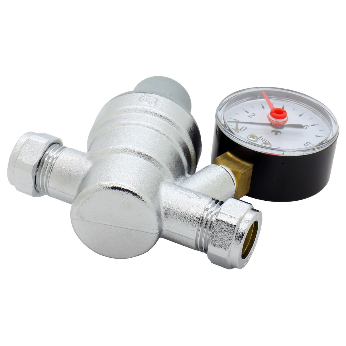 Unvented Components Europe Pressure Reducing Valve with Gauge, Model UN-42-3, 15mm, Adjustable 1-6 Bar, Chrome/Black