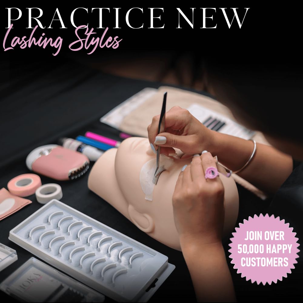 Hoka Lash Eyelash Extension Kit & Training Course and Certification, Professional Lash Extension Kit for Beginners Includes Practice Mannequin Head, Lash Trays, Glue, Tweezers, Fan & More