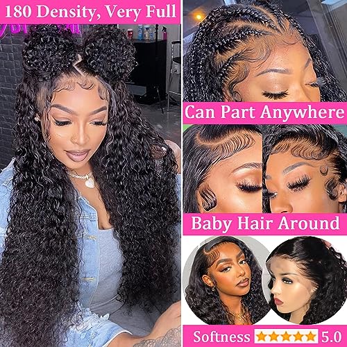 BLACROSS 28 Inch 13x6 Deep Wave Lace Front Wigs Human Hair 180 Density Deep Part Curly Lace Front Wigs Human Hair Pre Plucked Glueless Transparent Lace Frontal Wig Pre Plucked with Baby Hair
