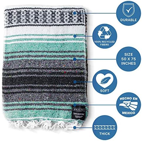 Benevolence LA Authentic Handwoven Mexican Blanket | Yoga Blankets, Outdoor, Picnic, Beach, Camping | Equestrian Saddle | Serape 50x70 inches - Mint, Pack of 1