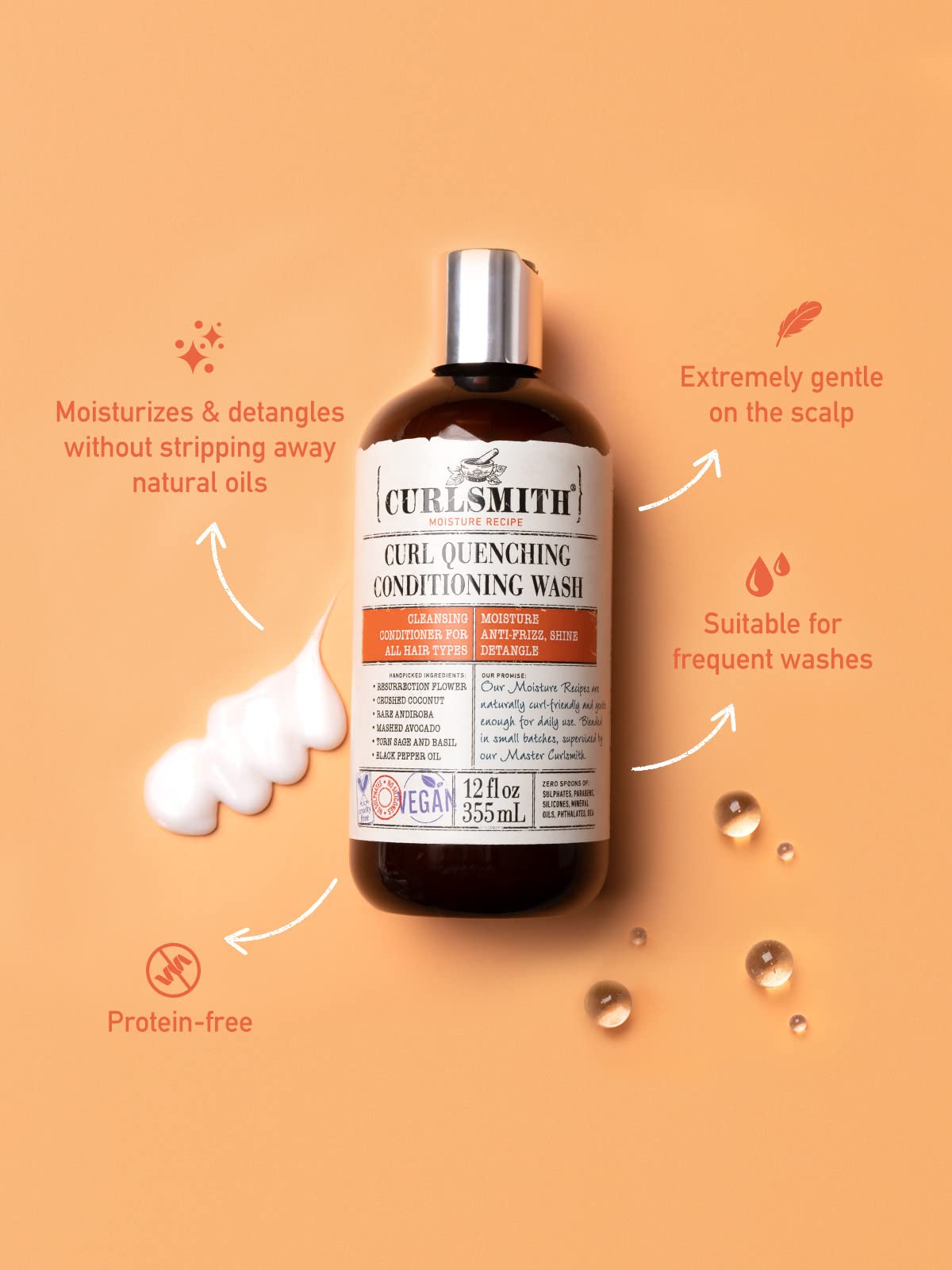 CURLSMITH - Curl Quenching Conditioning Wash - Vegan Cowash 2 in 1 Conditioner and Shampoo for Wavy, Curly and Coily Hair (32oz)