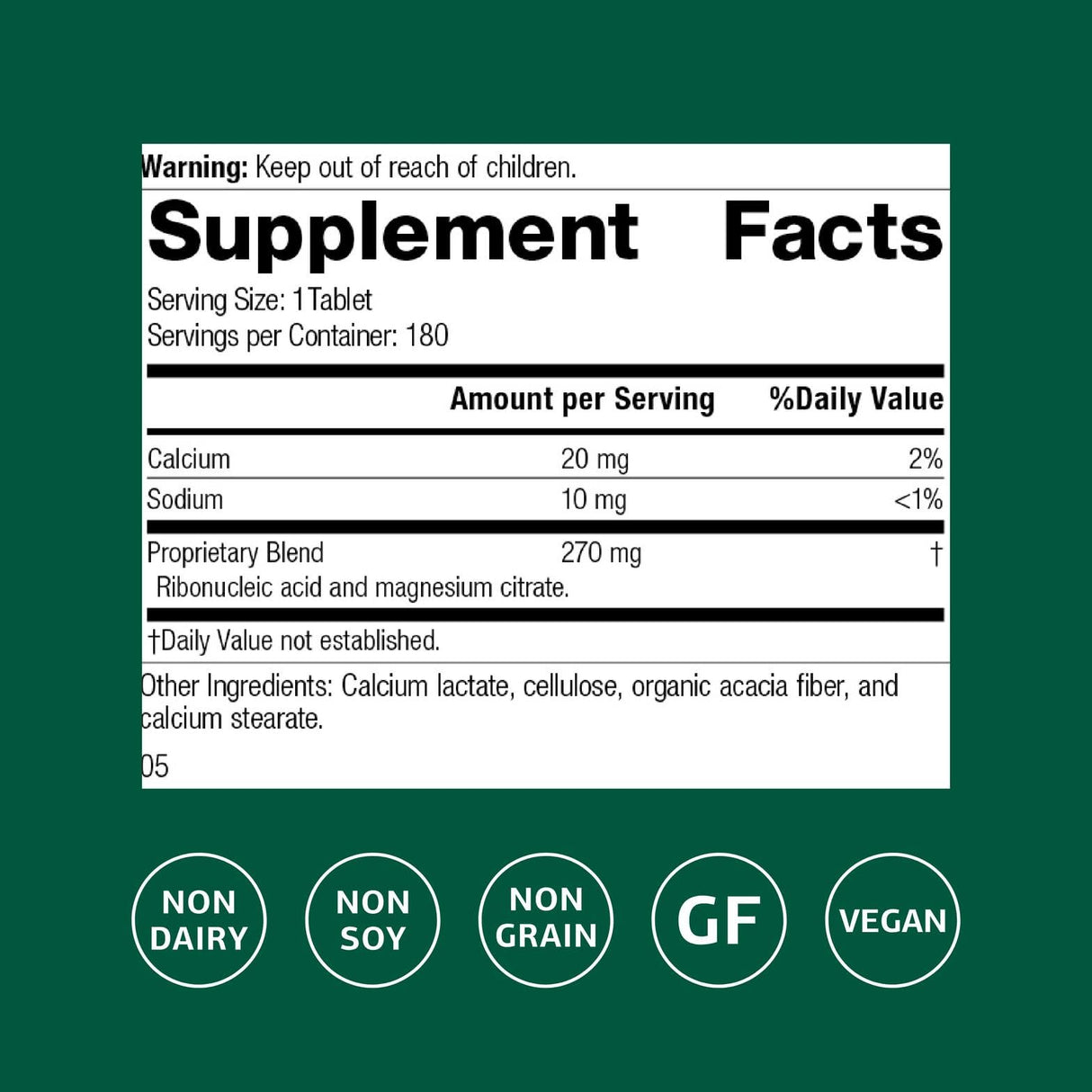 Standard Process Inc. Ribonucleic Acid (RNA) - RNA Supplement with Calcium, and Magnesium Citrate - Vegetarian, Gluten Free - 180 Tablets