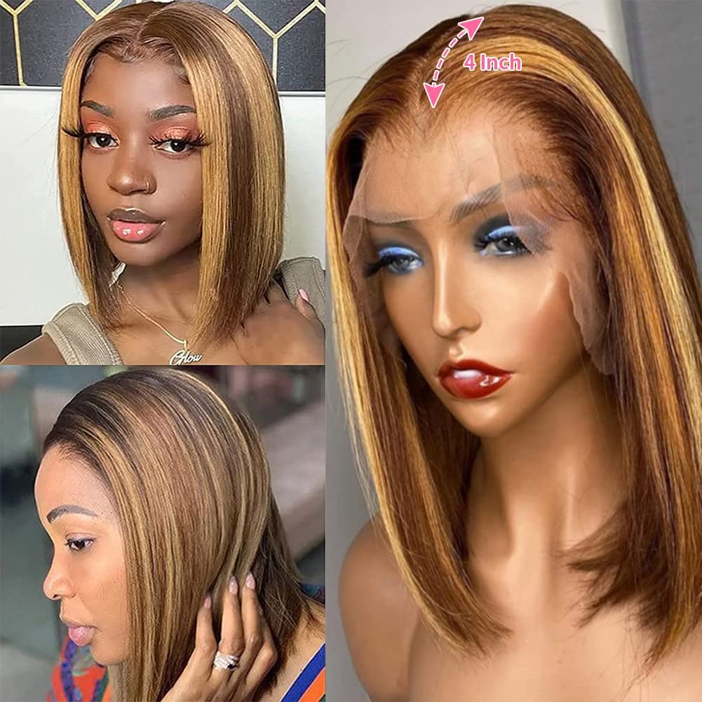 Bob Wig Human Hair Highlight Ombre 13x4 Lace Front Wigs 4/27 Honey Blonde Glueless Wigs Human Hair Pre Plucked with Baby Hair 180 Density 12A Short Bob Wigs for Women 12 Inch