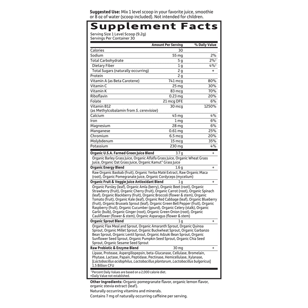 Garden of Life Raw Organic Perfect Food Energizer Juiced Green Superfood Powder - Yerba Mate Pomegranate, 30 Servings, Green Superfood Powder & Probiotics, Gluten Free Whole Food Greens Supplements