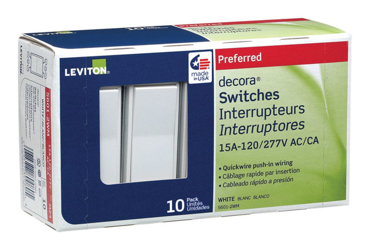 Leviton 5601-2WM 15 Amp, 120/277 Volt, Decora Rocker Single-Pole AC Quiet Switch, Residential Grade, Grounding, 10-Pack, White