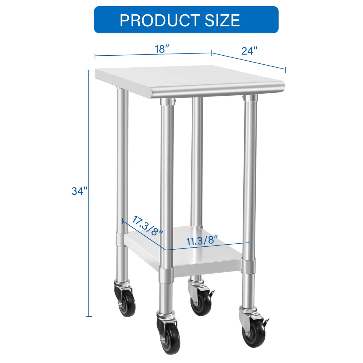 HARDURA Stainless Steel Commercial Table Prep & Work Table with Casters Heavy Duty Metal Table with Wheels NSF 430 24×18 Inches