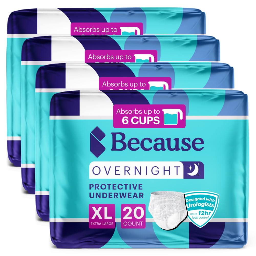 Because Overnight Absorbency Pull Ups - Adult Disposable Incontinence Underwear, Extra Absorbent Nighttime Briefs for Men and Women, White, XLarge, 80 Count (4 Packs of 20)