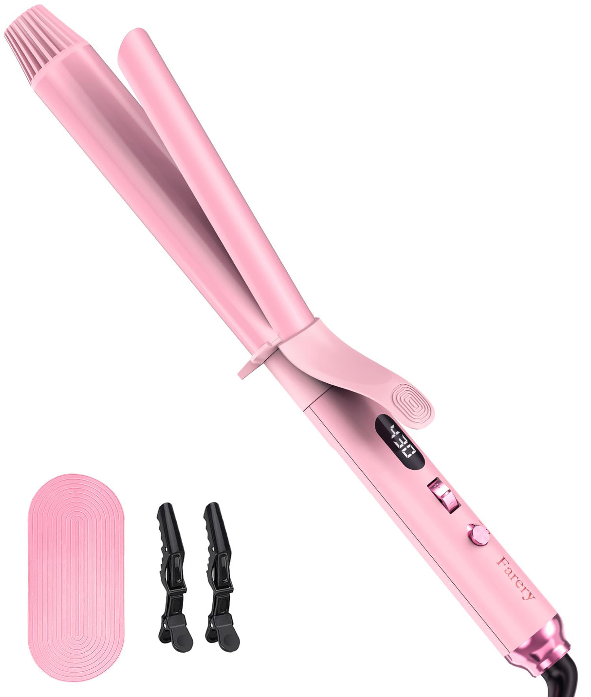 FARERY Long Barrel Curling Iron 1 1/4 inch, 1.25 Inch Curling Iron for Thin Hair, Infused Argan Oil & Keratin, 11 Adjustable Temp, Include Clips & Silicone Pad, Pink