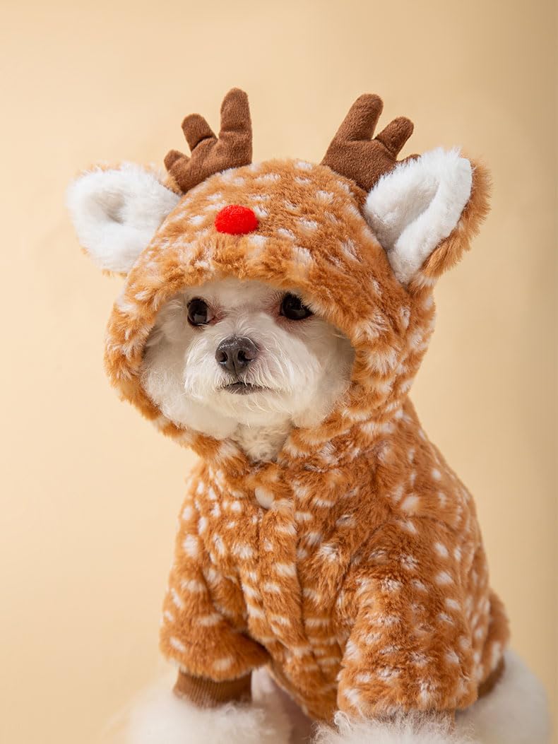 AZA Reindeer Dog Costume Fluffy Christmas Clothes Moose Coat Winter Pet Hoodies Puppy Girl Cute Coat Outfits for Small Dogs Costumes (L(Suitable:9lb-12lb),Moose Brown)