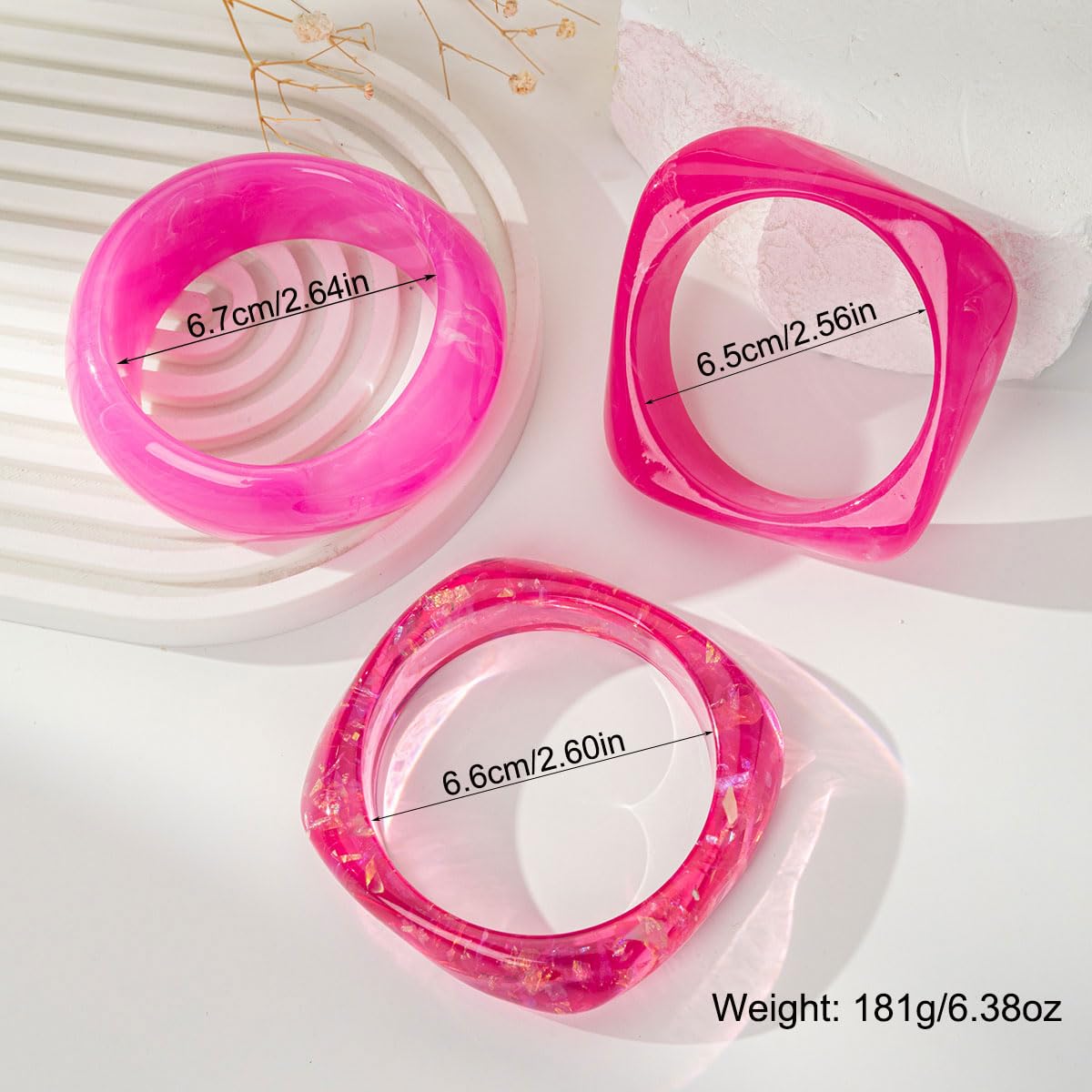 3PCS/Set Chunky Acrylic Resin Bangles Bracelets for Women, Irregular Geometric Designs, Fashion Thick Fuchsia Statement Stackable Bangle Set, Cute Trendy Jewelry, Summer Boho Bracelet Jewelry Gifts (Rose Red)
