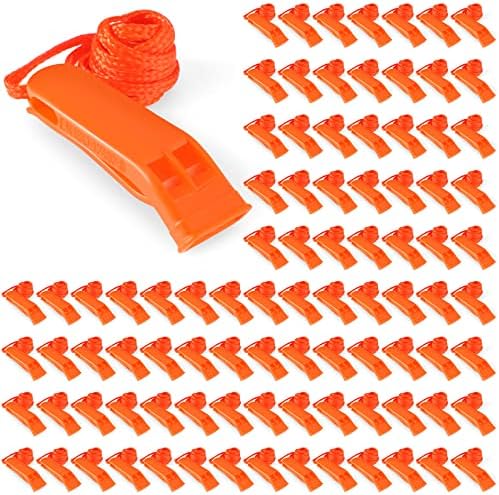 100 Pieces Emergency Whistles with Lanyard Safety Survival Whistles Loud Blast for Safety Camping Hiking Boating Hunting Survival Rescue Signaling