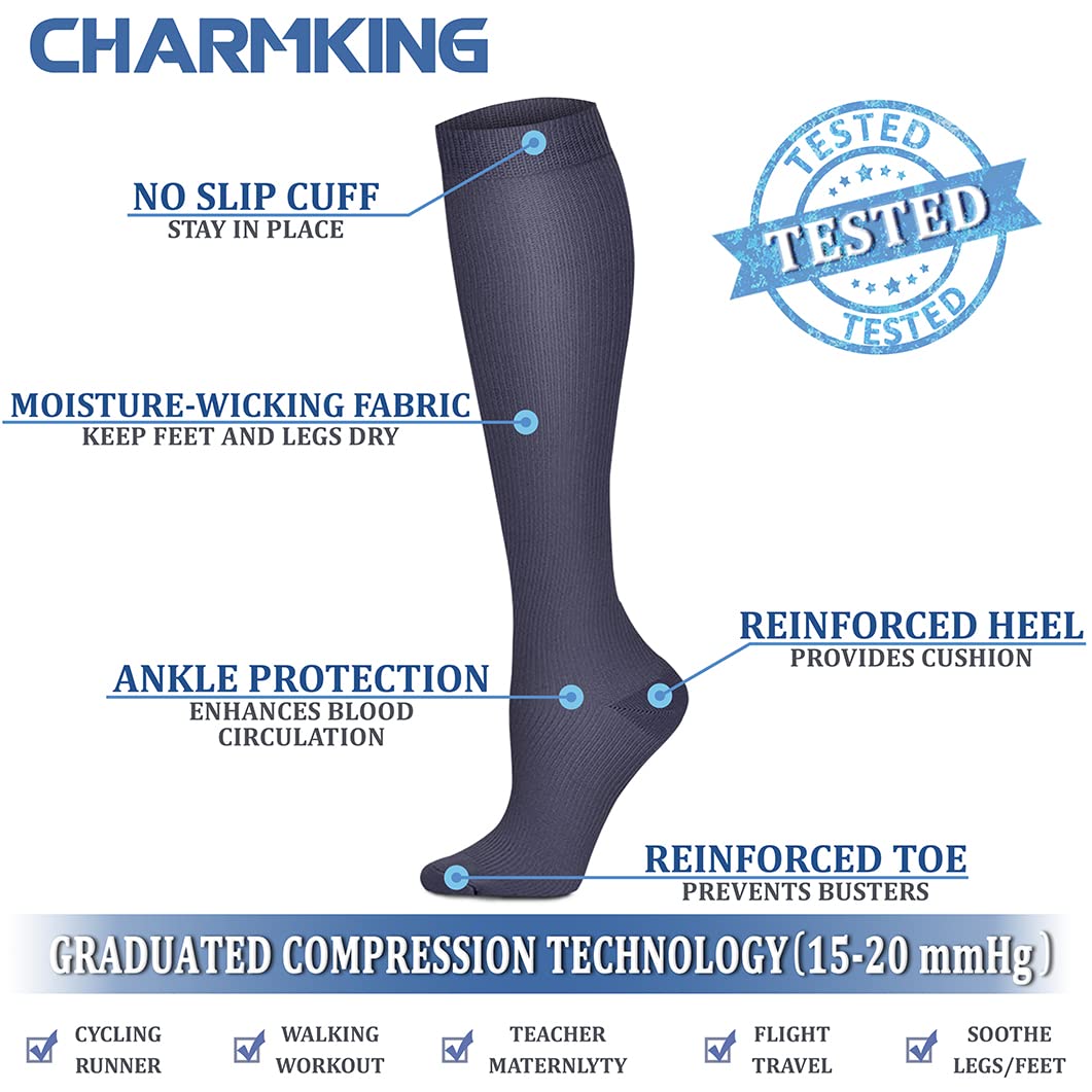 CHARMKING Compression Socks for Women & Men (8 Pairs) 15-20 mmHg Graduated Copper Support Socks are Best for Pregnant, Nurses - Boost Performance, Circulation, Knee High & Wide Calf (S/M, Multi 44)