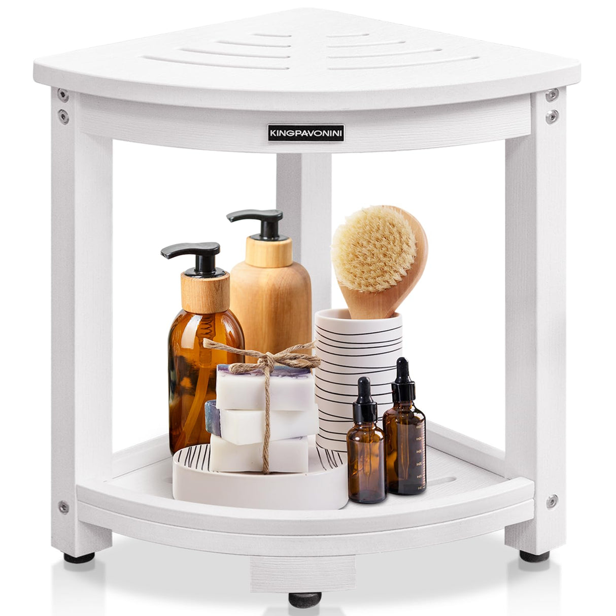 KingPavonini HDPS Corner Shower Stool for Inside Shower Waterproof, Anti-Fading Shower Bench for Shaving Legs, Anti-Fracture Shower Seat with Storage Shelf, Rapid Assembly, Load 400 Pounds