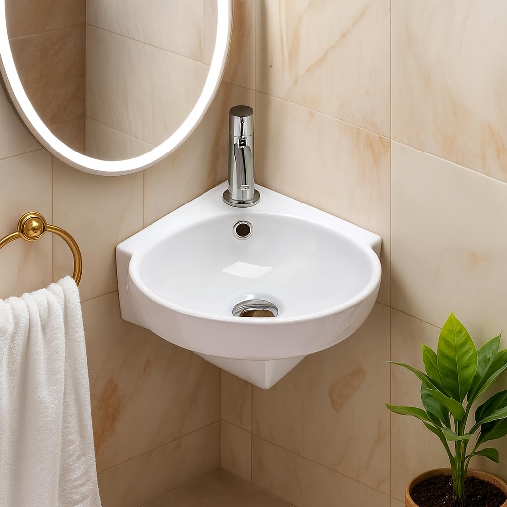 Compact Corner Wall Hung Basin Sink with Single Tap Hole Space-Saving Cloakroom Hand Wash Basin White Ceramic Corner Sink for Small Bathrooms & En-suites 370mm x 395mm