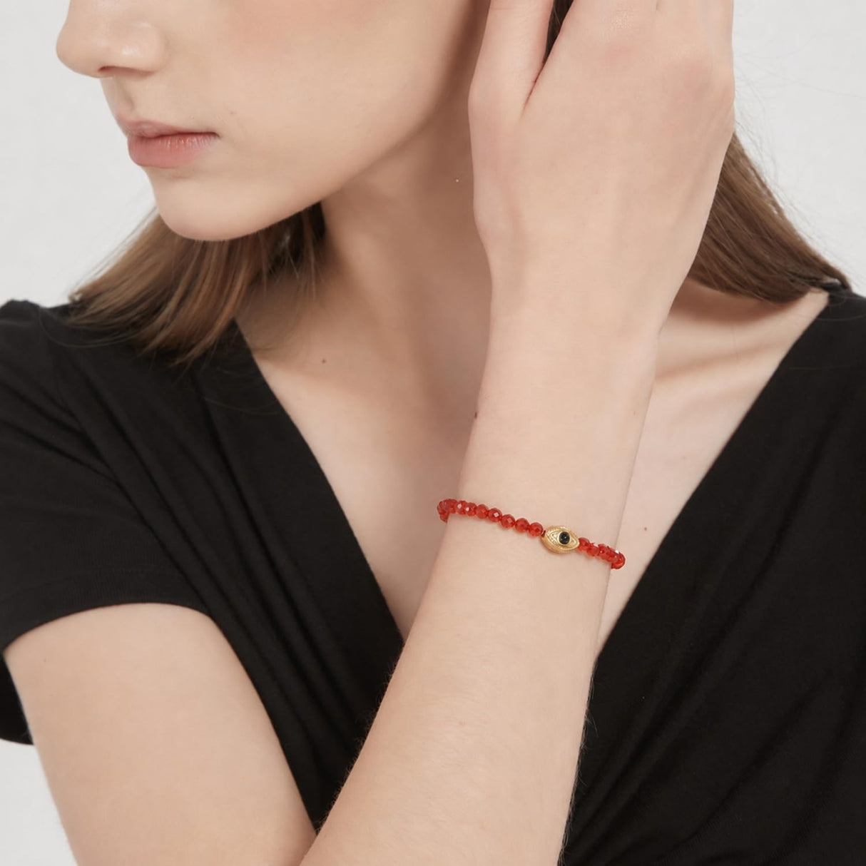 COAI Red Carnelian Bracelet for Women, Crystal Beads Dainty Evil Eye Bracelet for Women 4mm