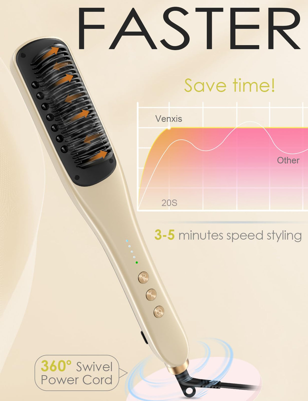 Hair Straightener Brush,Venxis Straightening Comb with Steam, 3 Temp Settings & 20s Fast Heating, 120 Voltage&30-Minute Auto Shut-Off, Steam Design for Hair Treatment
