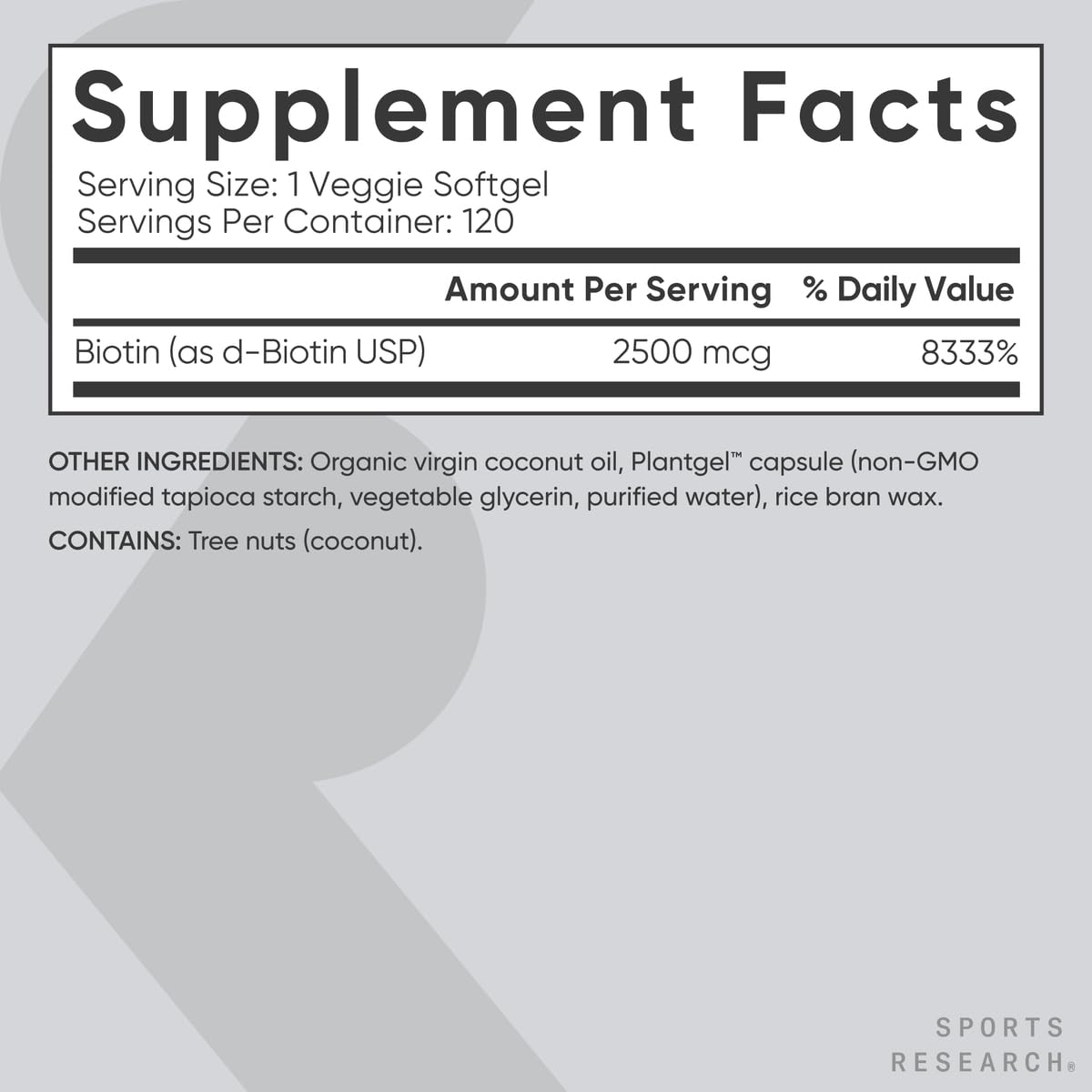 Sports Research Extra Strength Vegan Biotin (Vitamin B) Supplement with Organic Coconut Oil - Supports Keratin for Healthier Hair & Skin - Great for Women & Men - 2,500mcg, 120 Veggie Softgel Capsules
