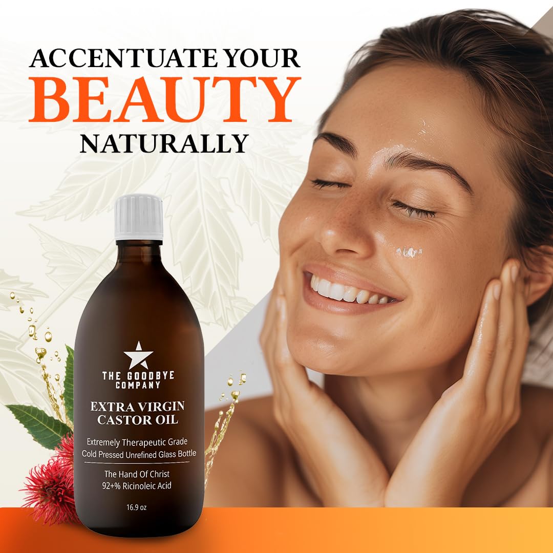 The Goodbye Company Organic Castor Oil – 100% Pure Extra Virgin, Cold-Pressed & Unrefined – Hexane-Free – Nourishing Oil for Healthy Skin, Hair Growth & Eyelashes (250mL)