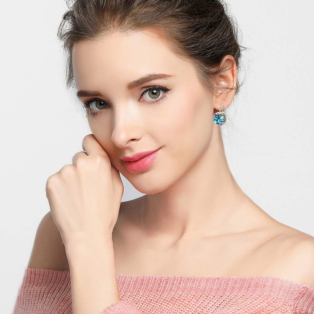 EVEVIC Austrian Crystal Round Cluster Leverback Drop Earrings for Women