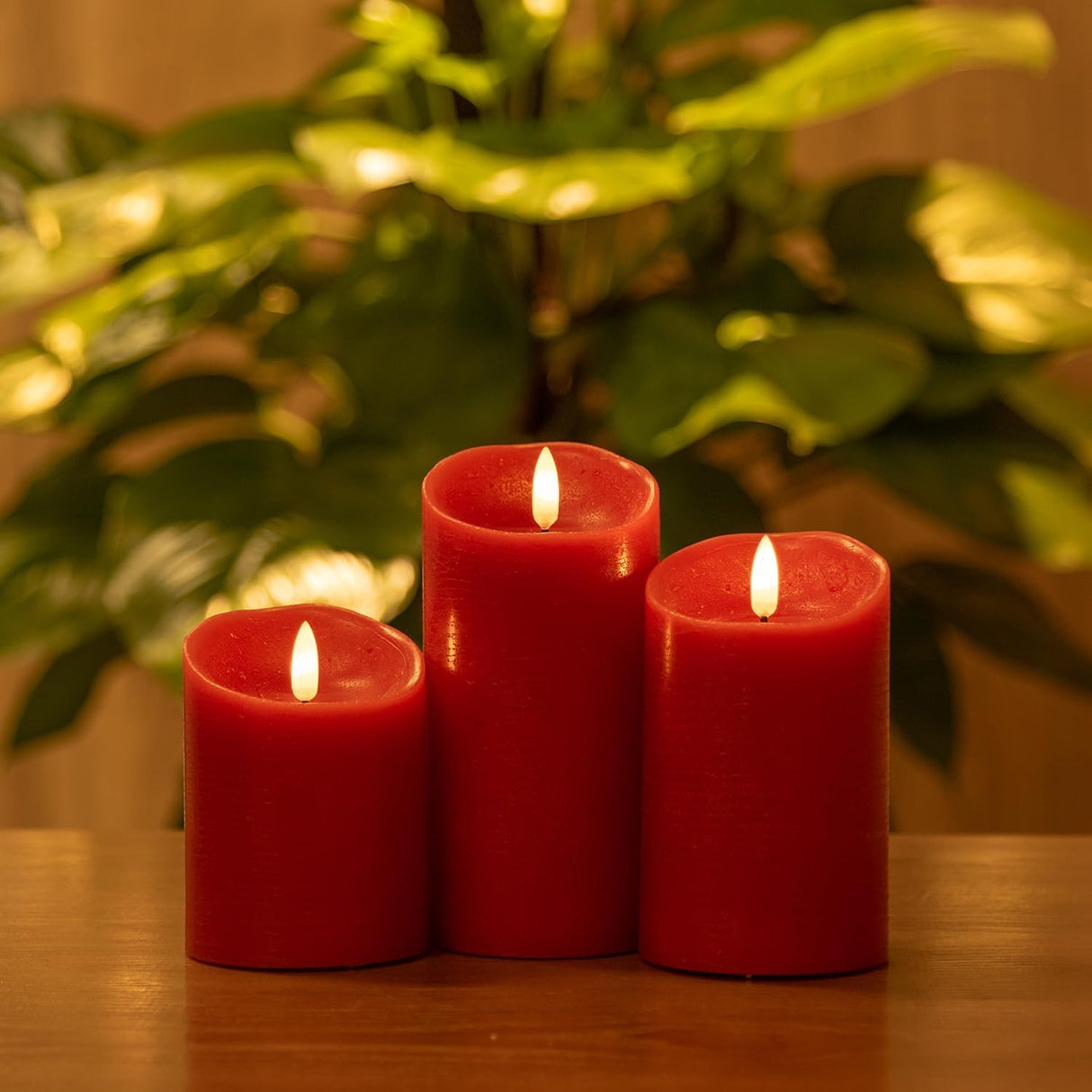 ANGELLOONG Red Flameless Candles with Remote, Real Wax Flickering Battery Operated Candles with Timer, Electric LED Fake Candles for Valentines Holiday Christmas Party Home Decor, Set of 3