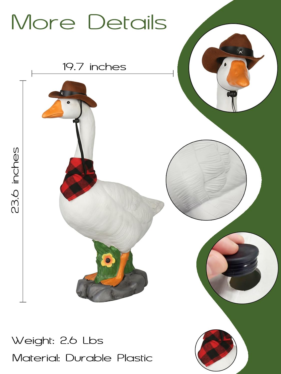 LarpGears Premium Adjustable Large Porch Goose Statue – 23” Realistic Hollow Plastic Garden Goose with Removable Cowboy Hat & Bandana, Stone Base with Sand-Fillable Design for Outdoor Stability