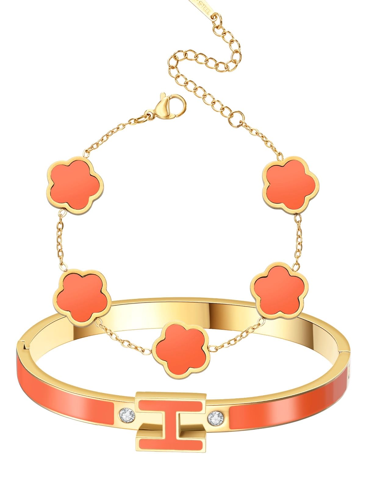 fekang Gold H Bangle & Clover Bracelet for Women -Orange bracelet Set