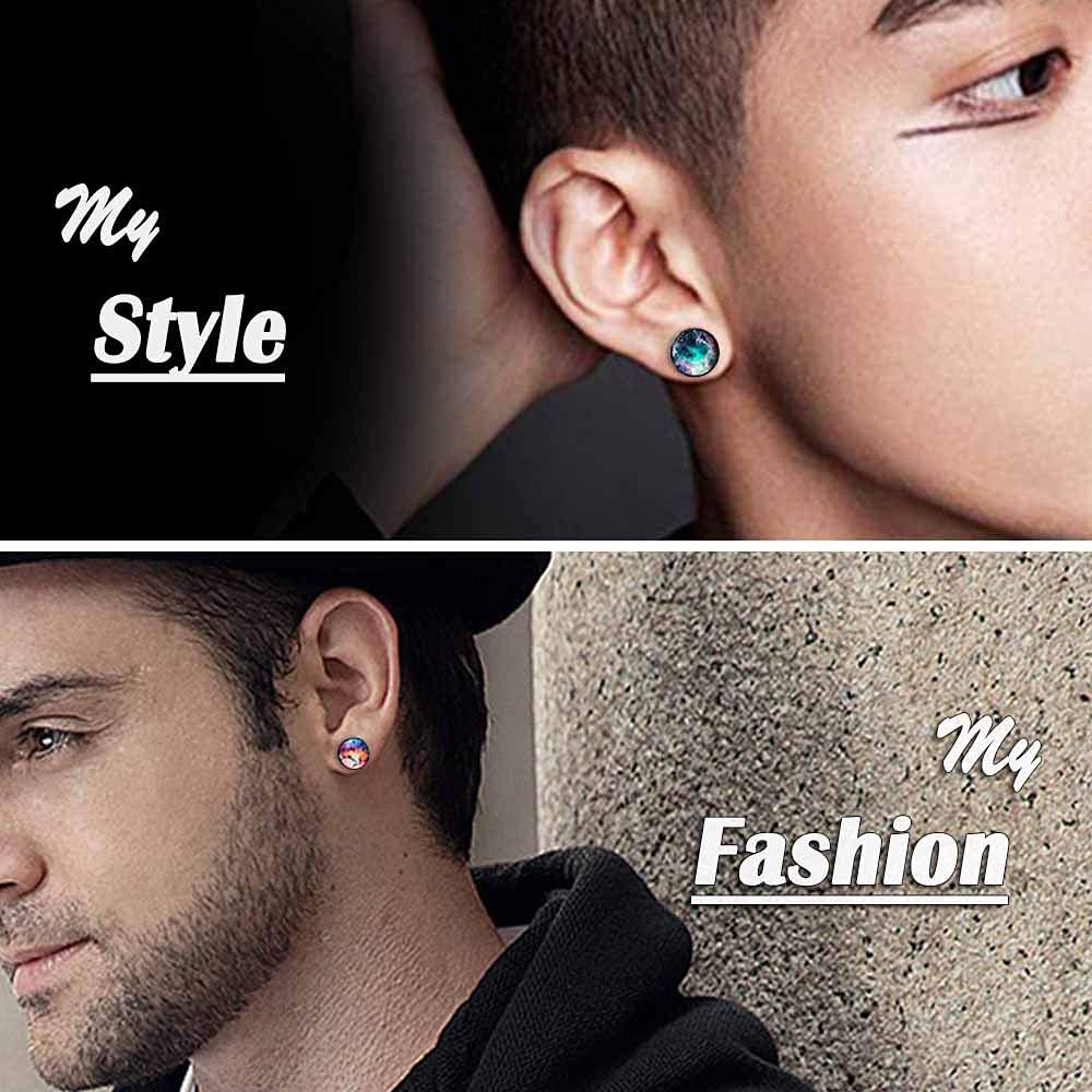 FLYUN Earrings For Men, Fake Gauge, Flat Back, Mens Men's Faux Gauge Fake Plug 6Pairs Galaxy Surgical Steel Black Stud Screw Earrings (Green)