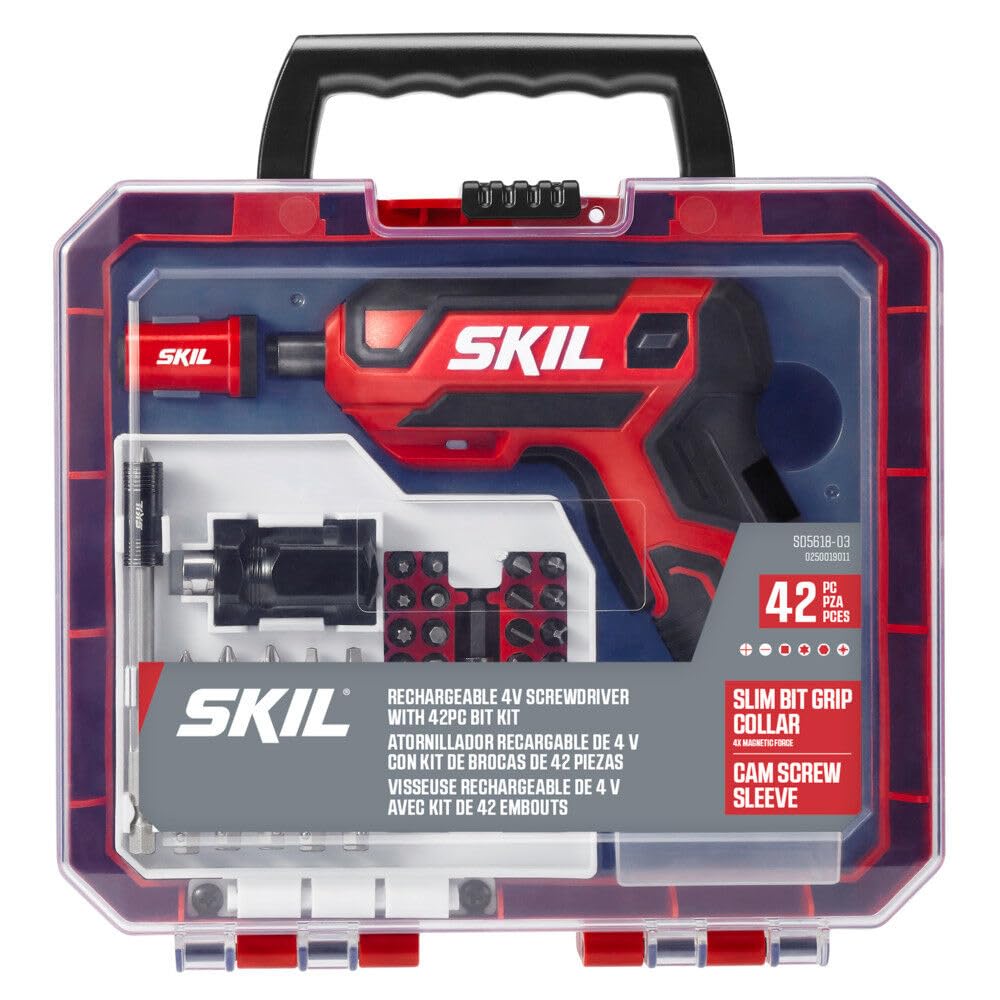 SKIL Rechargeable 4V Cordless Pistol Grip Screwdriver with 42pcs Bit Set, USB Charger and Carrying Case - SD5618-03