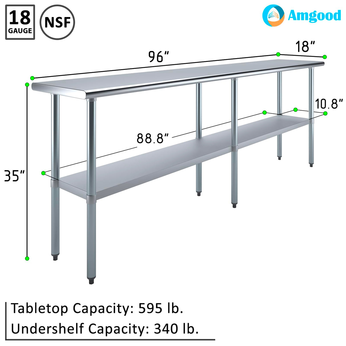 AmGood 18 in. x 96 in. Stainless Steel Work Table | Metal Kitchen Food Prep Table | NSF