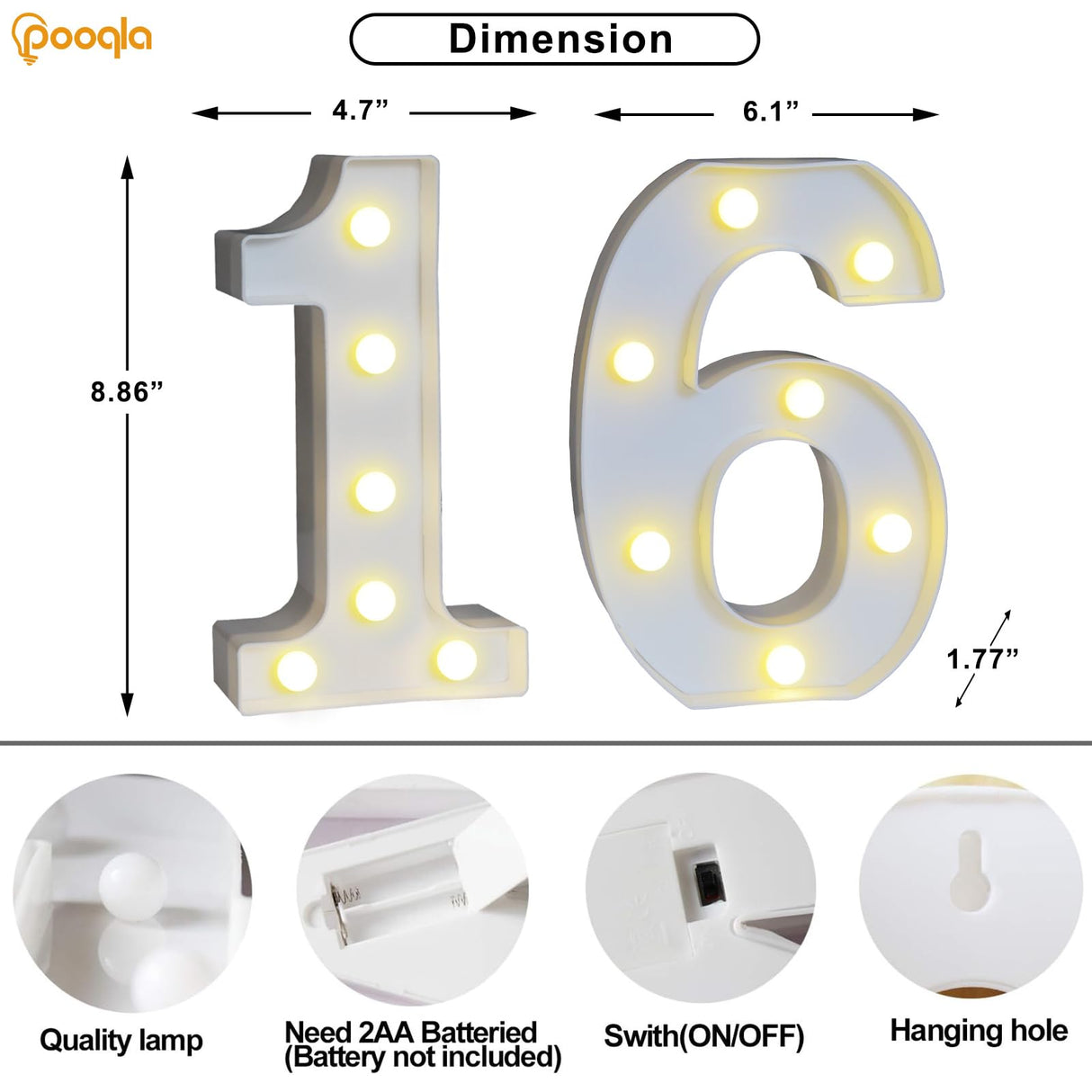 Pooqla Decorative Led Light Up Number Letters, White Plastic Marquee Number Lights Sign 16th Birthday Decorations for Girls Boys Party Wedding Decor Battery Operated Number (16)
