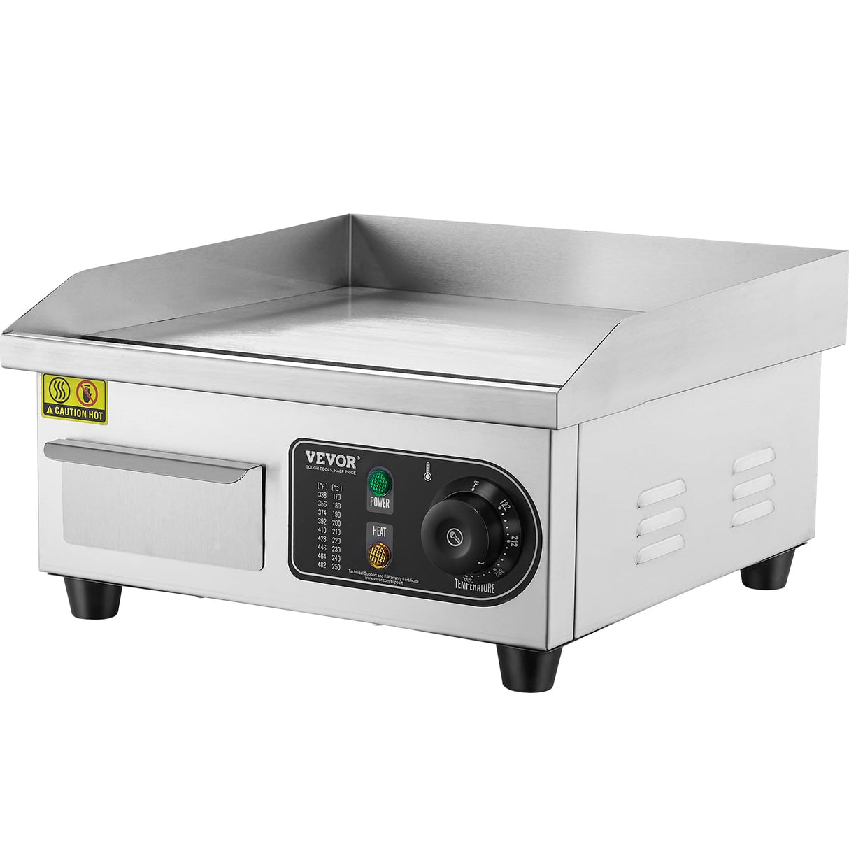 VEVOR Commercial Electric Griddle, 1700W Countertop Flat Top Grill, 14in Stainless Steel Griddle Grill with 2 Shovels and 2 Brushes for Home or Restaurant, 122℉-572 ℉ Adjustable Temp