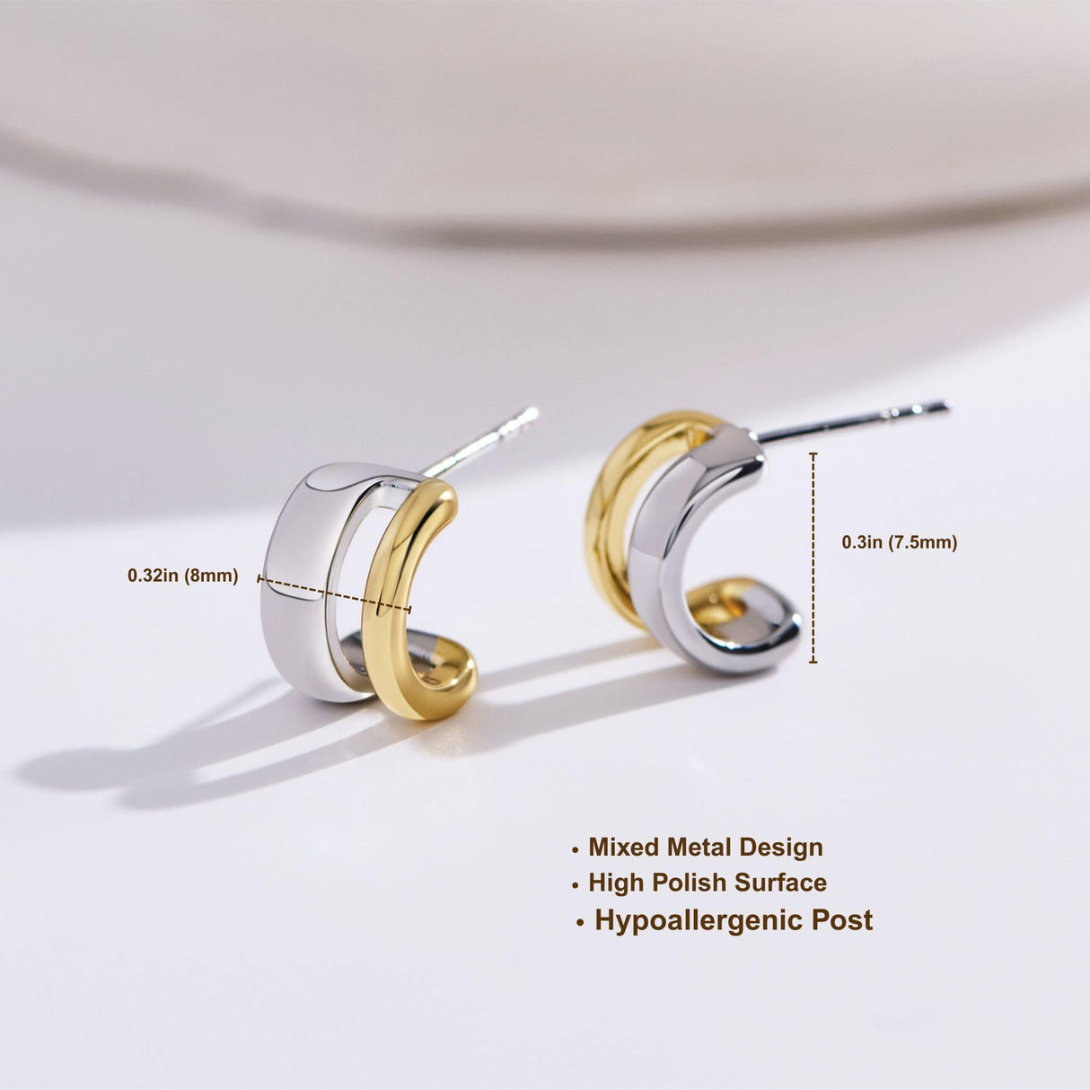 NOKMIT Two Tone Huggie Hoop Earrings for Women, Dainty 14K Gold and Silver Mixed Metal C Shaped Hoops, Small Multi Statement Geometric Earrings, Plain High Polish Non Tarnish Jewelry Gifts