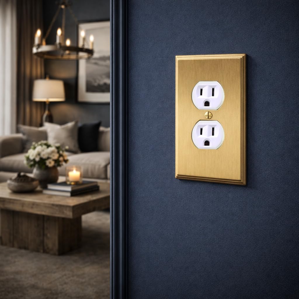 Rio Salto Duplex Outlet Cover Receptacle Wall Plate Electrical Outlet Covers BRASS Brushed Gold Metal Decorative Wall Plate — Deco Collection 4.50" X 2.75"
