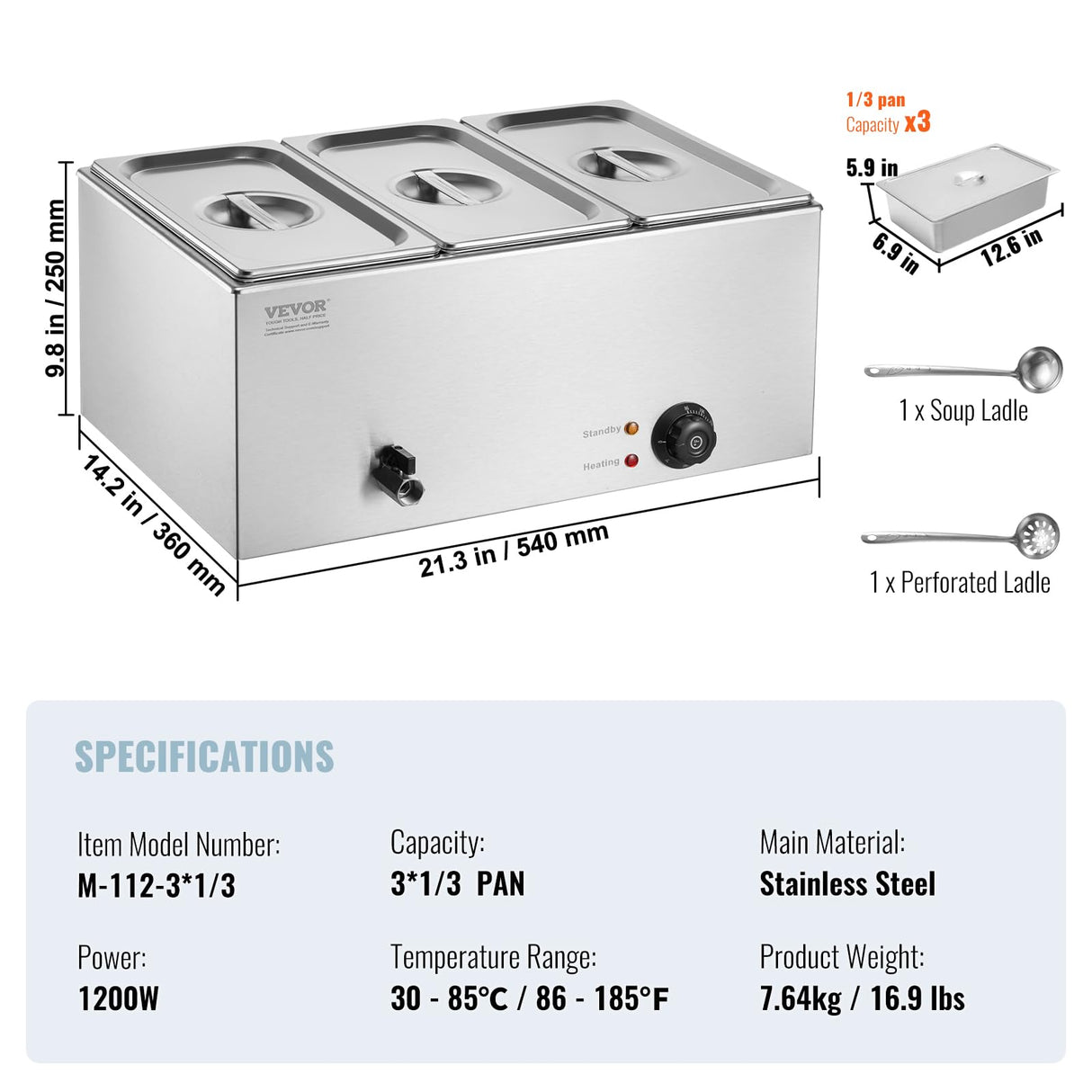 VEVOR 3-Pan Commercial Food Warmer, 24QT Electric Steam Table, 1200W Professional Countertop Stainless Steel Buffet Bain Marie with 86-185°F Temp Control for Catering and Restaurants, Silver