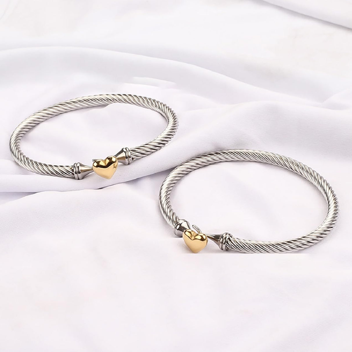 Jeolory Adjustable Twist Stainless Steel Cable Wire 14K Gold Plated Love Heart Charm Bracelets Friendship Open Bangle Wrist Cuff for Women Men