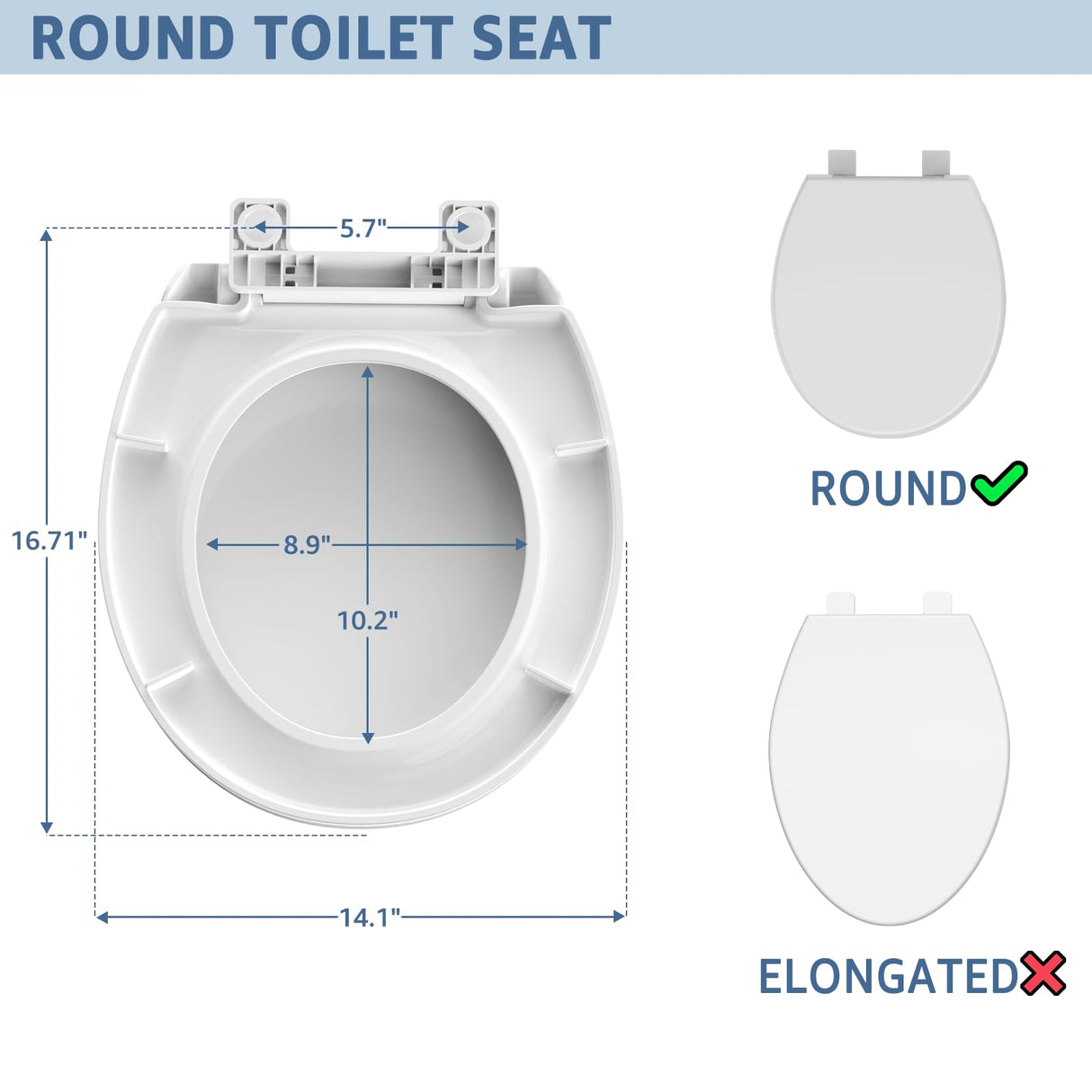 Round Toilet Seat Soft Close 16.5'',Standard Universal Toilet Lid Round with PP Material Safe,Easy to Clean and Install,Ergonomic design,Never Loosens,2 Years Support,White Plastic