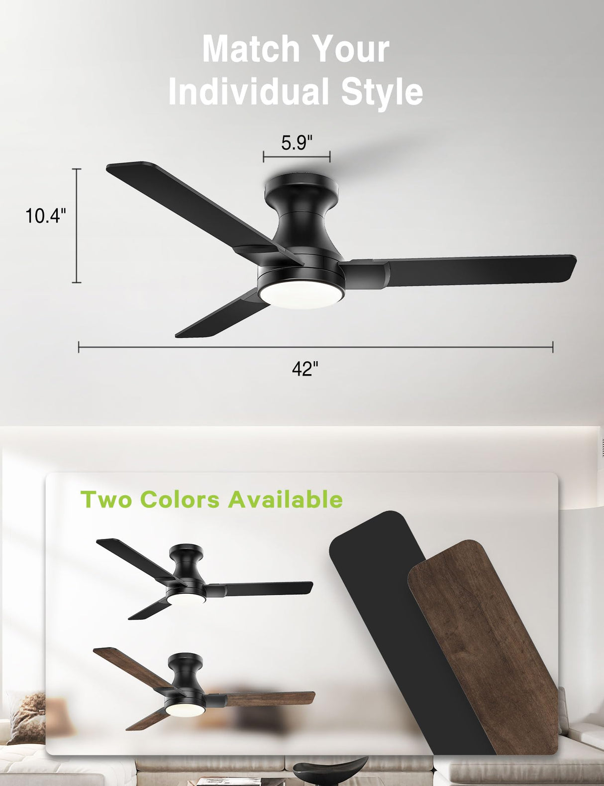 DAMINY 42 inch Ceiling Fans with Lights,3 Blades,3CCT, Low Profile Ceiling Fan with Light and Remote Control,Ceiling Fan for Bedroom, Kitchen,Indoor/Outdoor Use,Flush Mount-Black