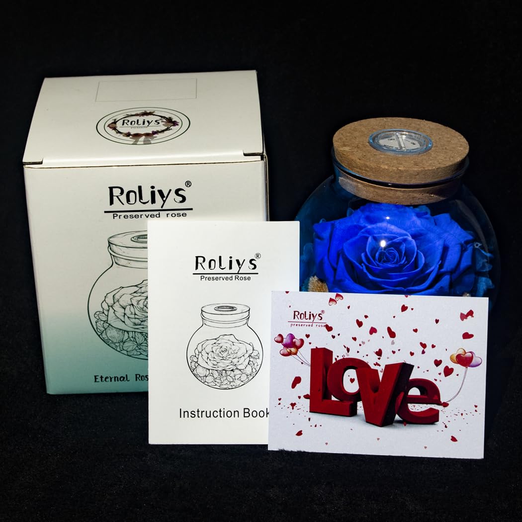 roliys Preserved Real Roses with Colorful Mood Light Wishing Bottle, Eternal Rose,Never Withered Flowers, Table Decor,Christmas Anniversary Valentine's, Blue 4.3inch, 1pcs