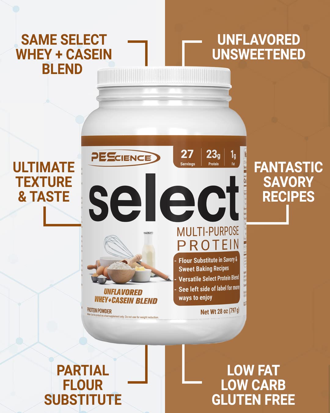 PEScience Select Multi-Purpose Unflavored Protein Powder, 27 Serving, Low Carb, Keto Friendly, and Gluten Free, Whey & Casein Blend for Baking and Smoothies