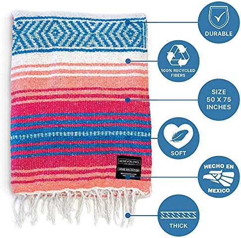 Benevolence LA Authentic Handwoven Mexican Blanket | Yoga Blankets, Outdoor, Picnic, Beach, Camping | Equestrian Saddle | Serape 50x70 inches - Coral, Pack of 1