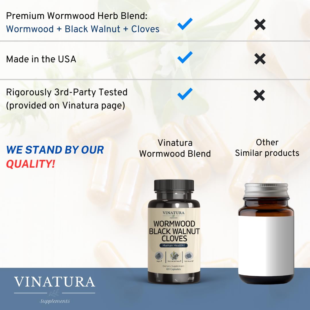 VINATURA Wormwood Black Walnut Clove Capsules - Cleanse, Detox, Intestinal Guard Formula Supplement for Humans, with Wormwood herb, Black Walnut Extract Combination, 60 Capsules