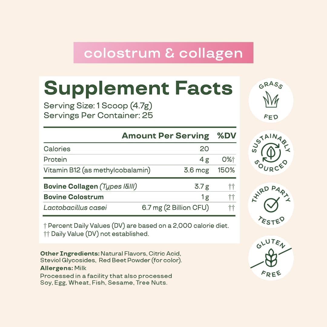 Bloom Nutrition Bovine Colostrum Powder with Vitamin B-12 for Gut Health, Immune Support, Hair Growth & Beauty Supplement | Strawberry, 25 Servings