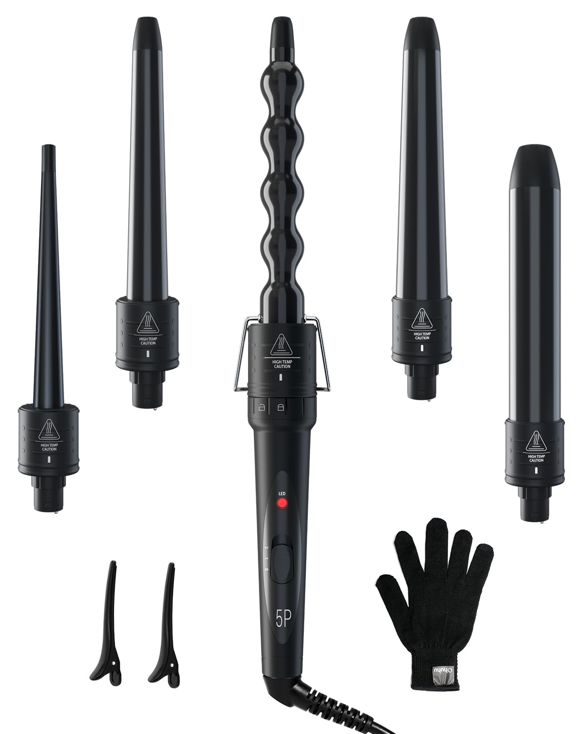 5 in 1 Curling Wand Set: Ohuhu Curling Iron Wand 5Pcs 0.35 to 1.25 Inch Interchangeable Ceramic Barrel Heat Protective Glove 2 Clips Dual Voltage Hair Curler for Girl Women Mother Christmas Gift Black